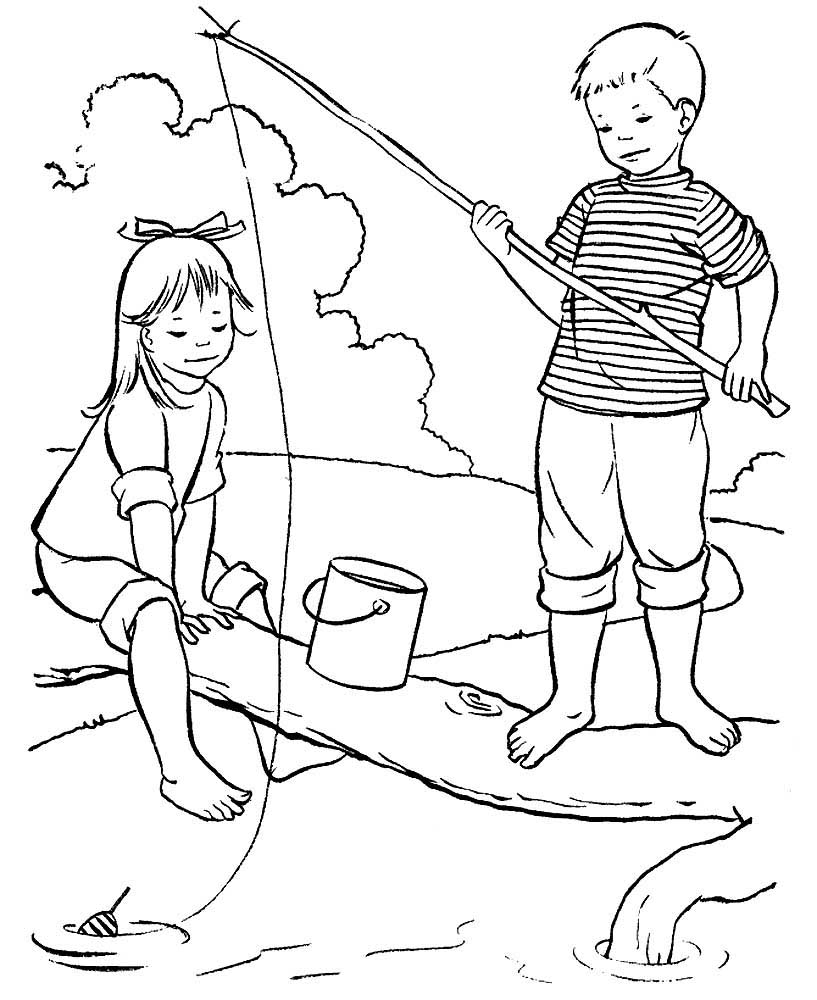 Раскраска Папа и сын на рыбалке 23 февраля распечатать или скачать