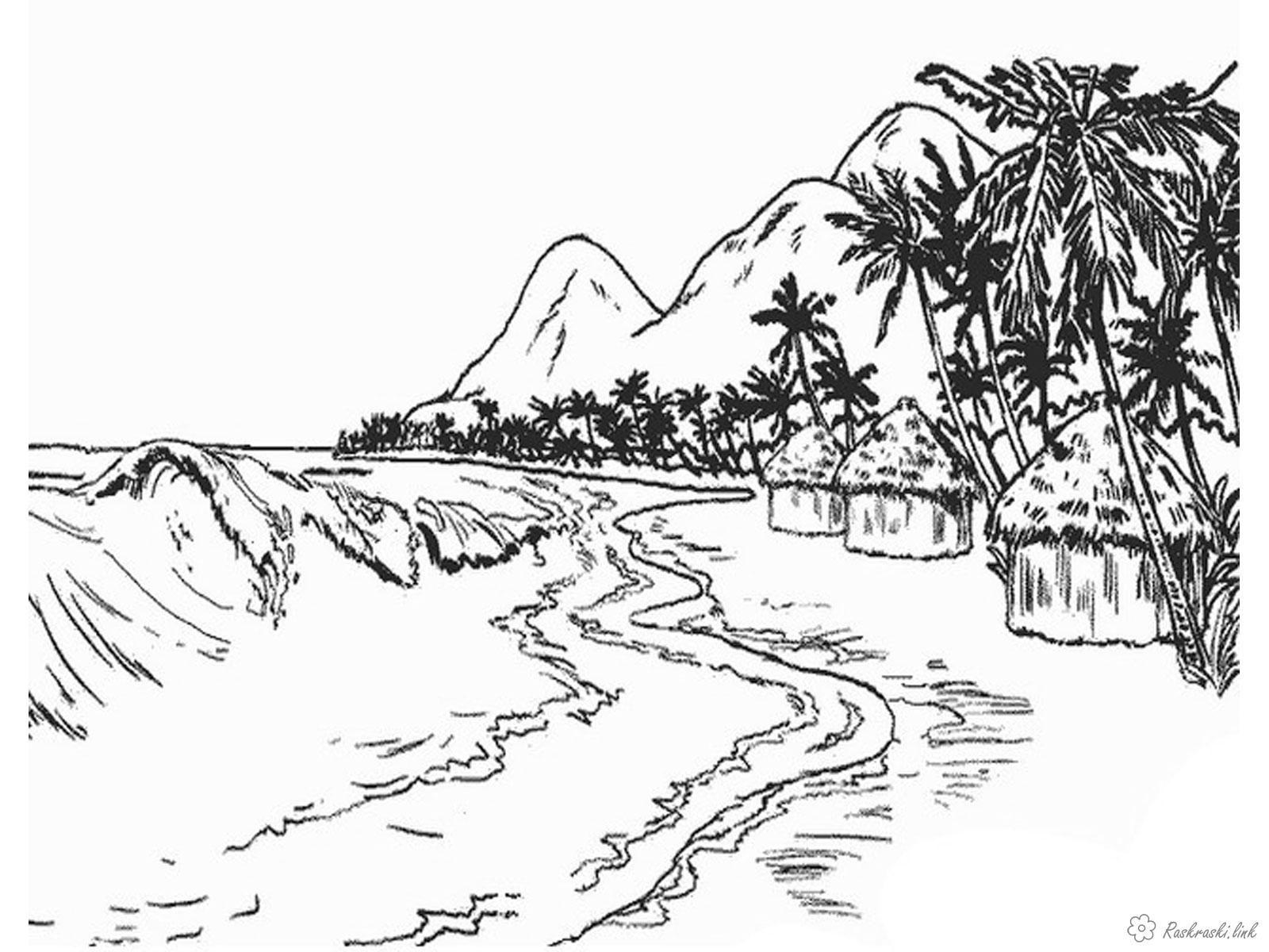 Раскраска онлайн Солнце, пальмы, кокос, остров, море бесплатно