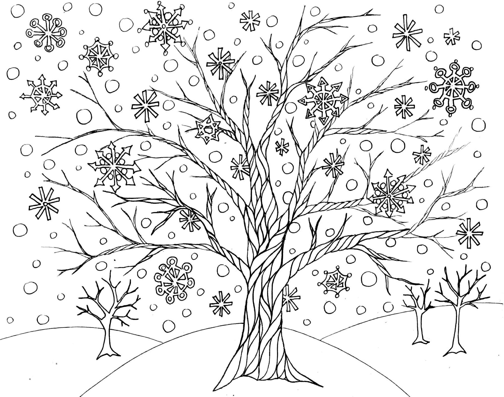 Раскраски зимой, Раскраска деревья зимой для детей деревья.