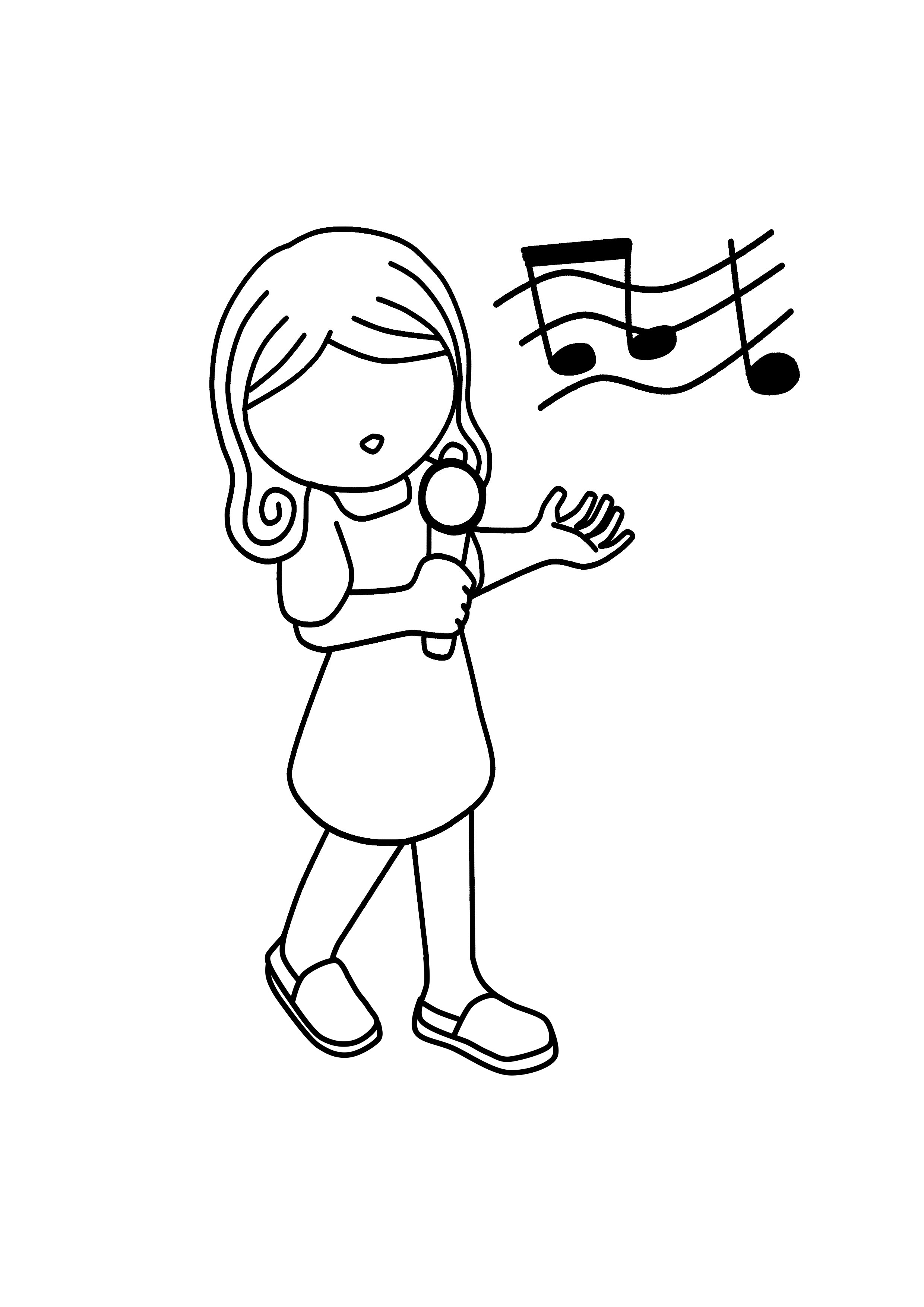 Раскраски страницу Наброски мультфильм девушка поет песню на сцене. Книжка-раскраска для детей