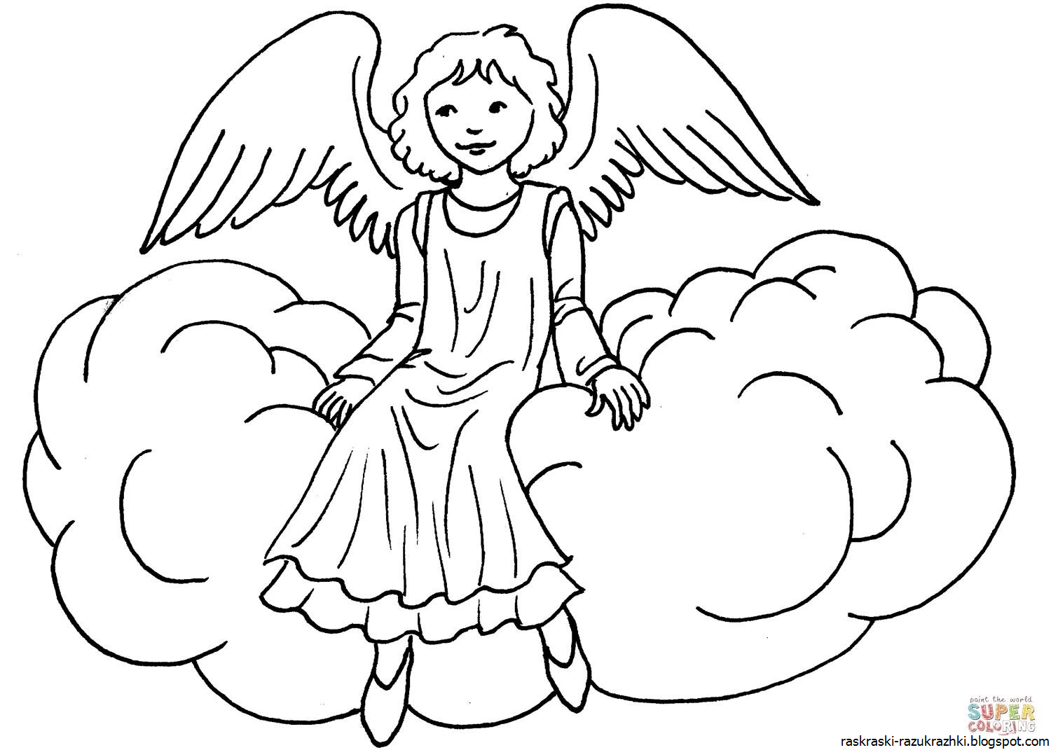 Раскраска ангел с большими крыльями распечатать