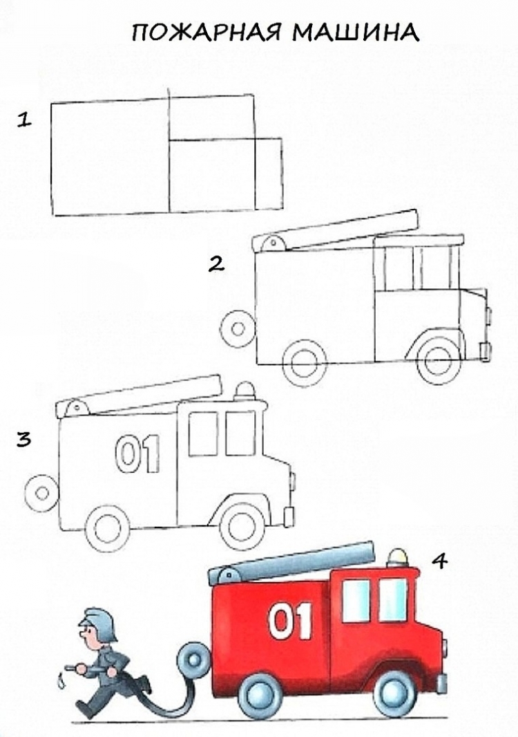 Поэтапное рисование пожарной машины