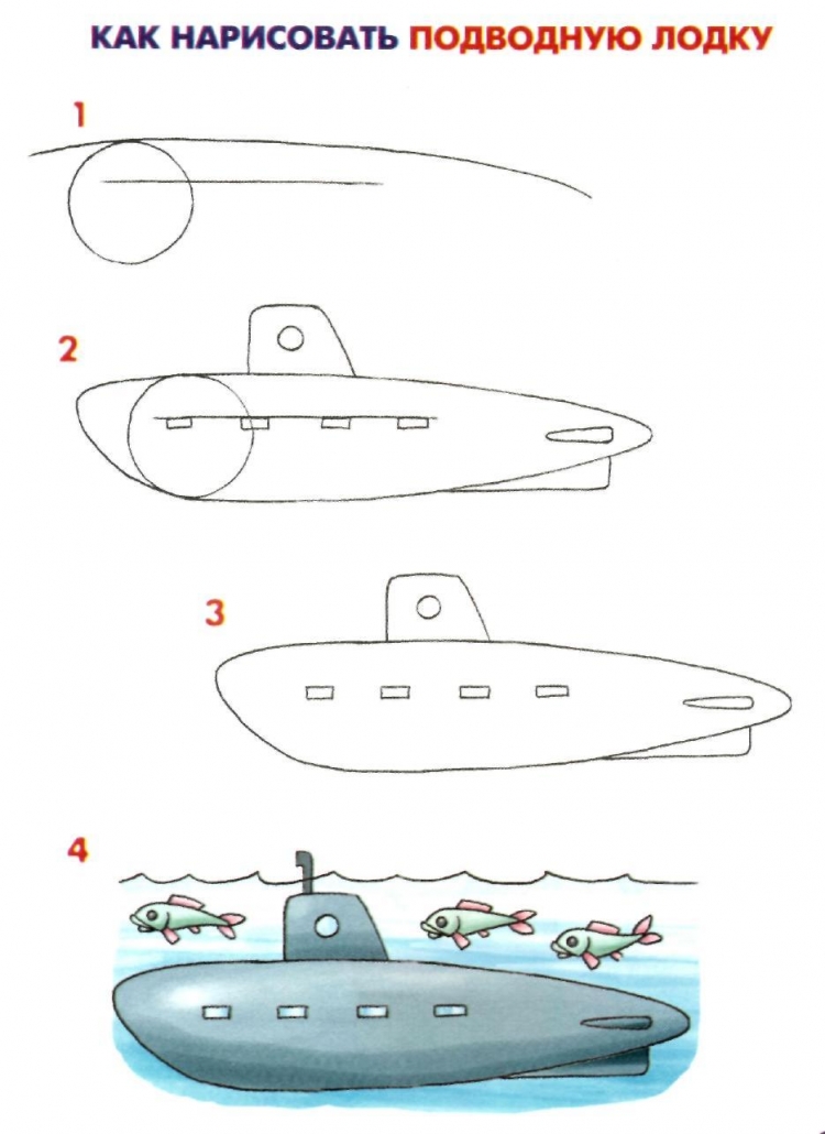 Подводная лодка поэтапное рисование для детей