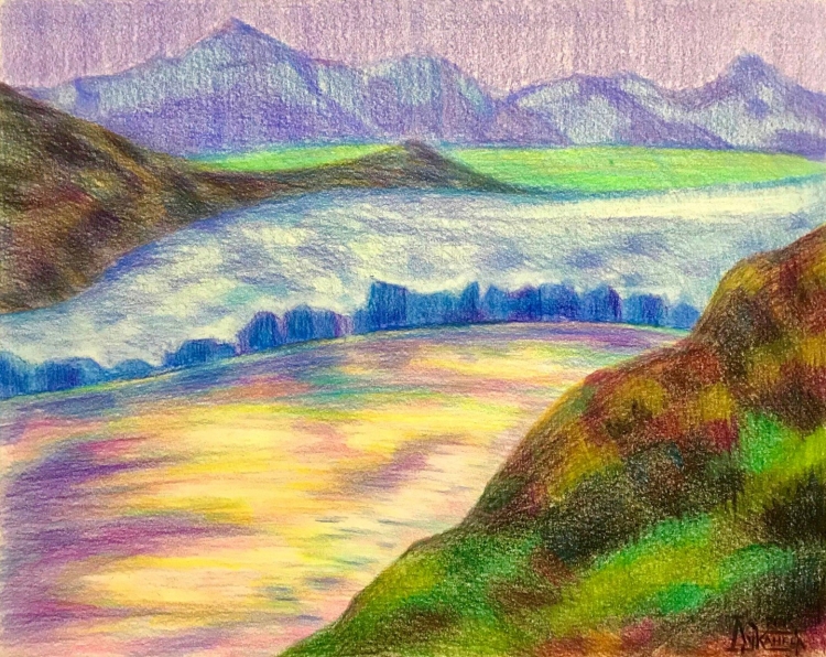 Горный пейзаж цветными карандашами