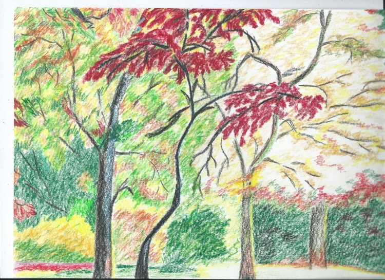Осенний пейзаж цветными карандашами для детей