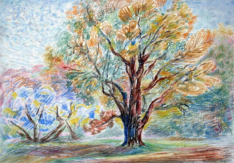 Осеннее дерево цветными карандашами