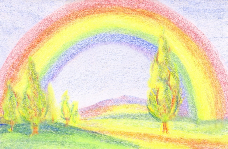 Пейзаж с радугой цветными карандашами
