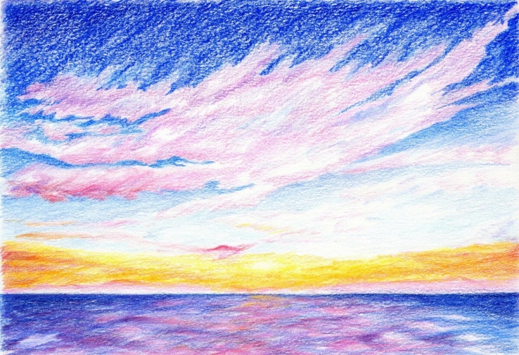 Небо и море цветными карандашами