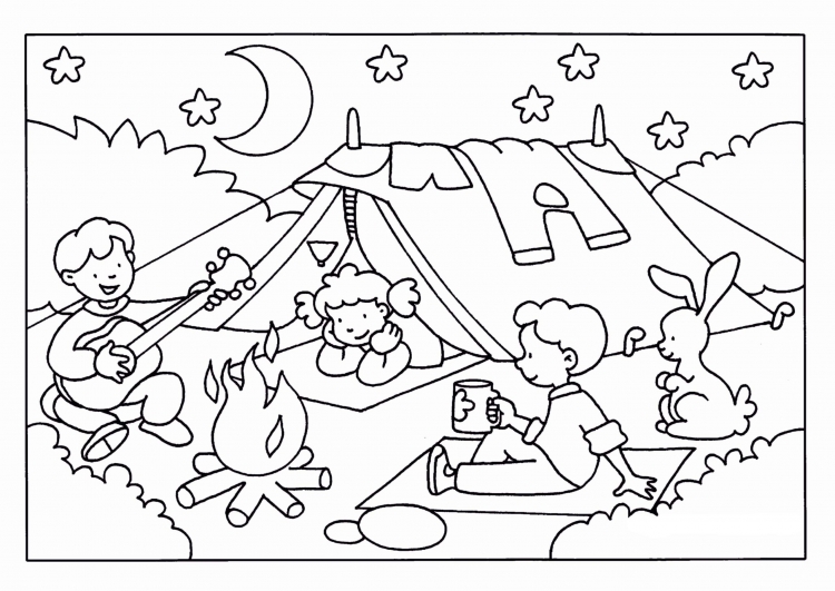 Раскраски для детей страница формата а4 летний лагерь кемпинг тема | Премиум векторы