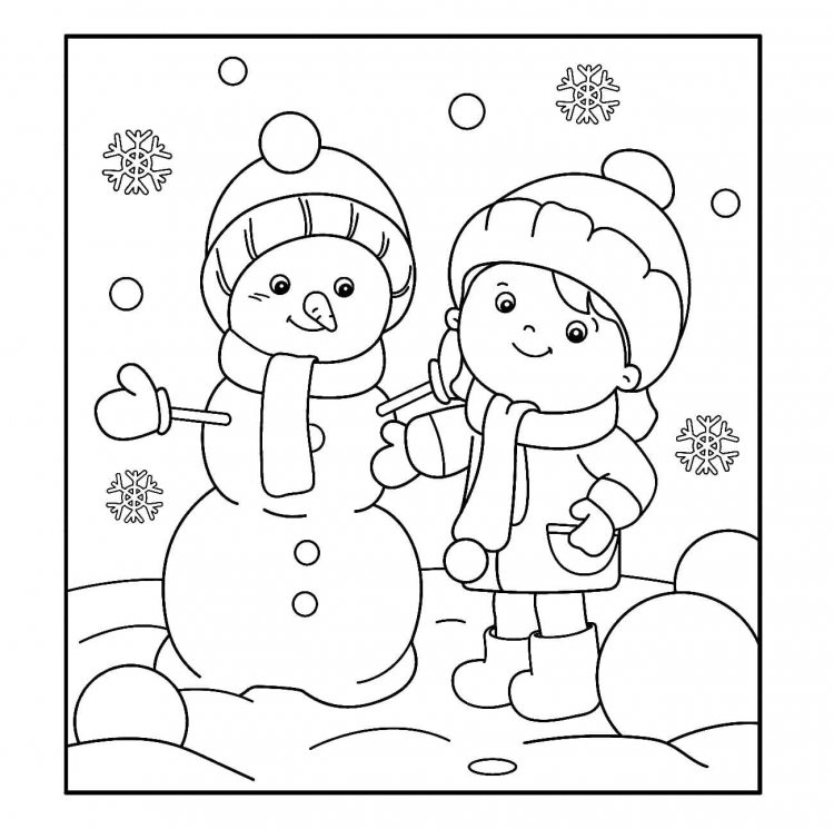 Раскраска дети лепят снеговика во дворе рождественская раскраска