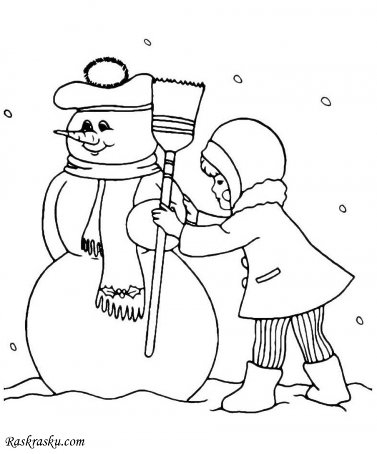 Раскраски лепят, Раскраска Дети лепят снеговика снеговик.