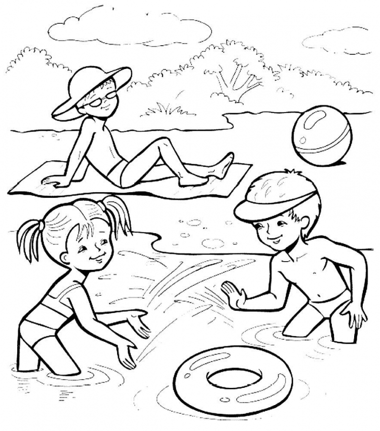 Раскраска купание в реке детей