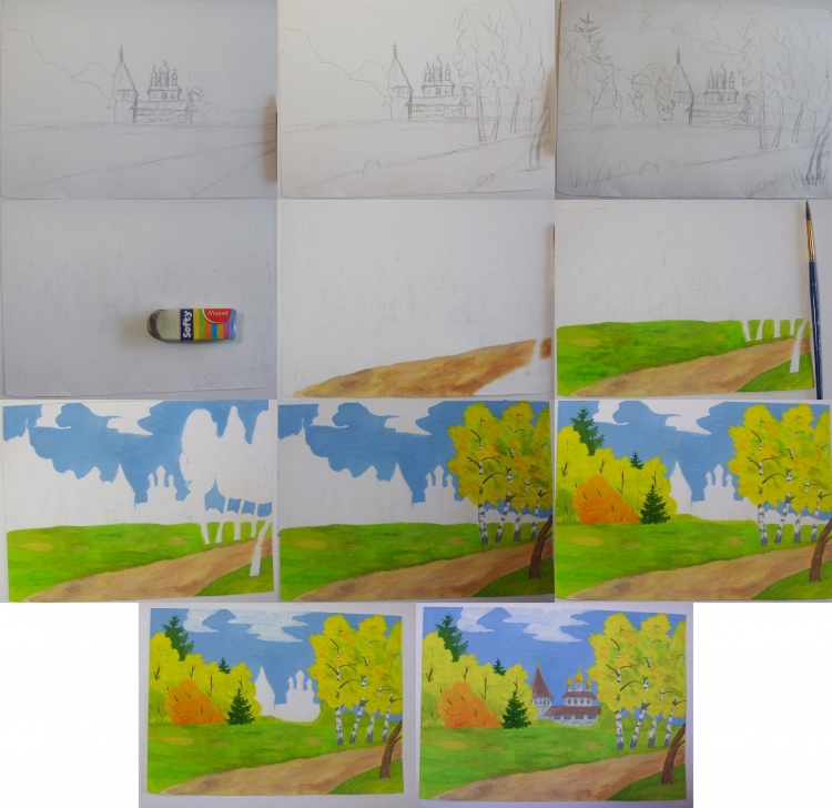 Этапы рисования пейзажа для детей