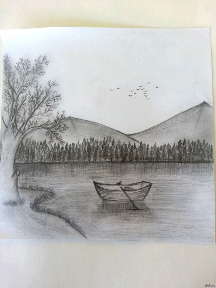 Рисунок озера карандашом для начинающих