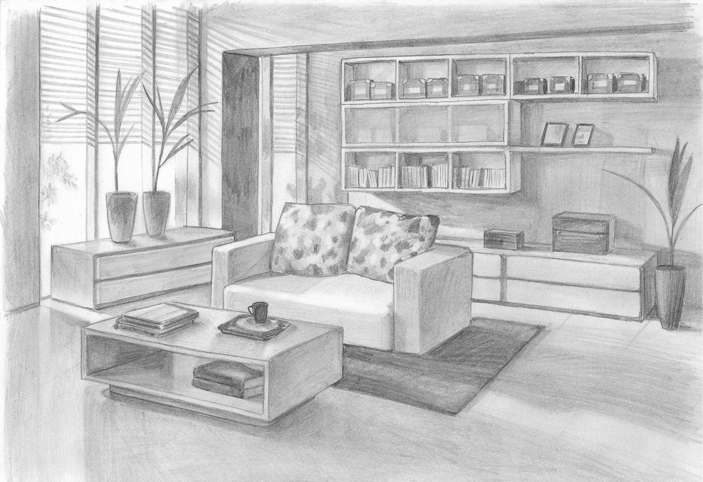 Интерьер комнаты рисунок простой (74 фото)