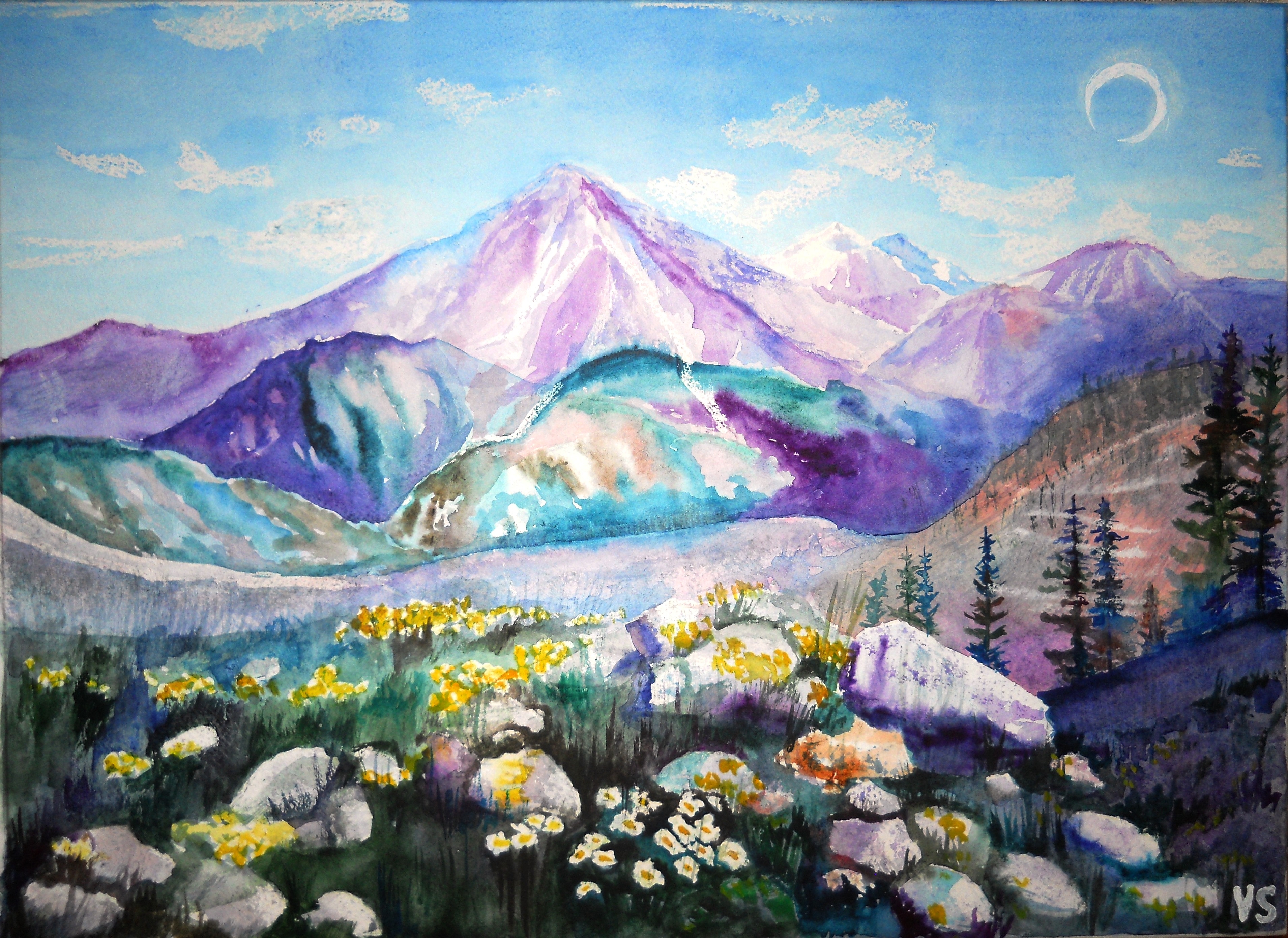 Рисунок красота гор окружающий мир. Казахстан акварель. Акварель горы Кавказа Бештау.