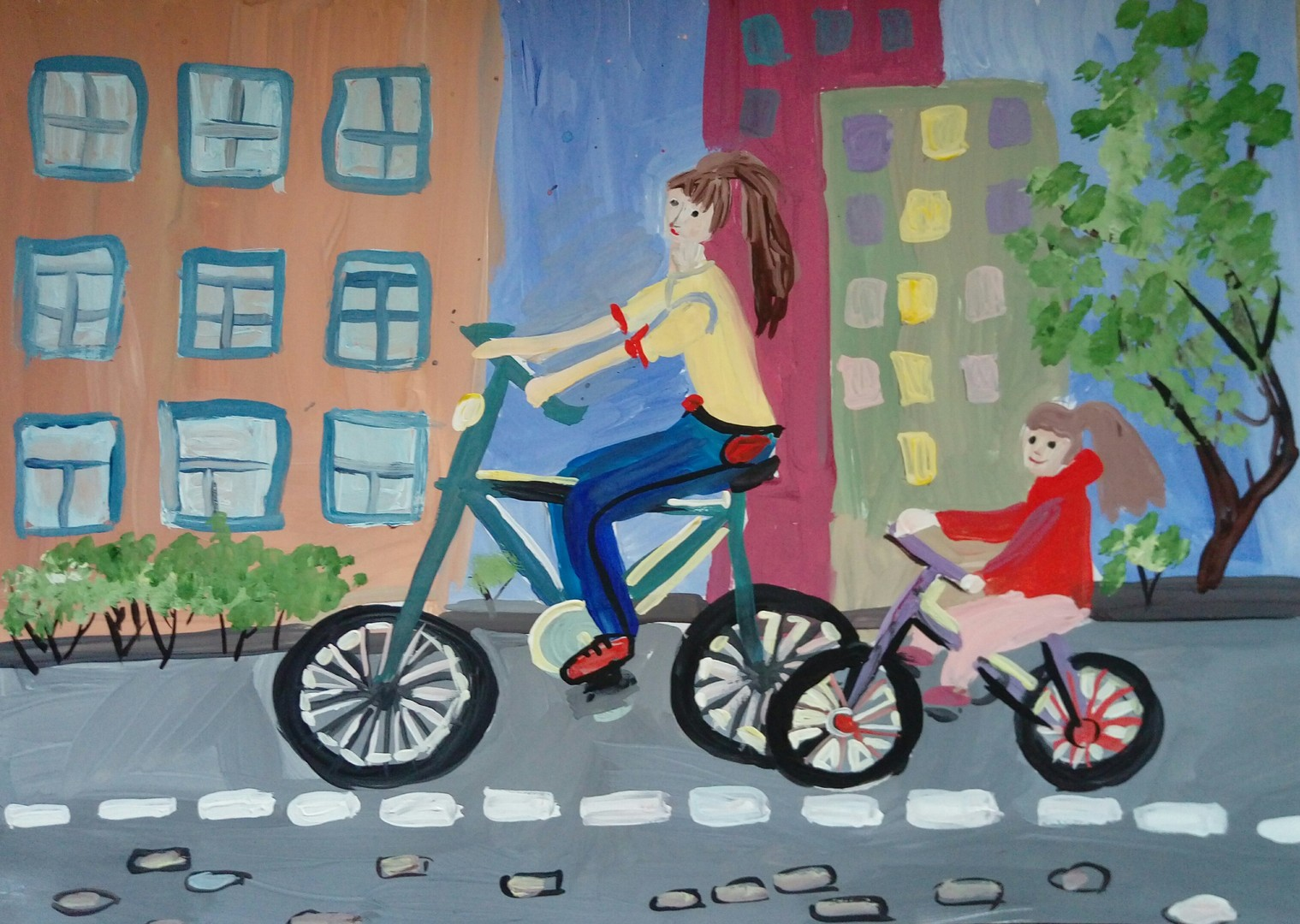 Детские рисунки. Рисунок на тему прогулка. Рисование с детьми велосипед. Детские рисунки на тему.