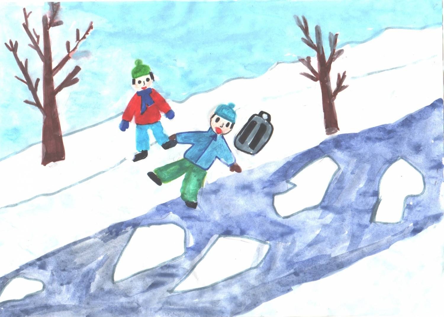Как я провел весенние каникулы 4 класс. Рисование безопасность на льду. Рисунок на тему осторожно лед. Безопасность на льду детские рисунки. Весенние каникулы рисунок.