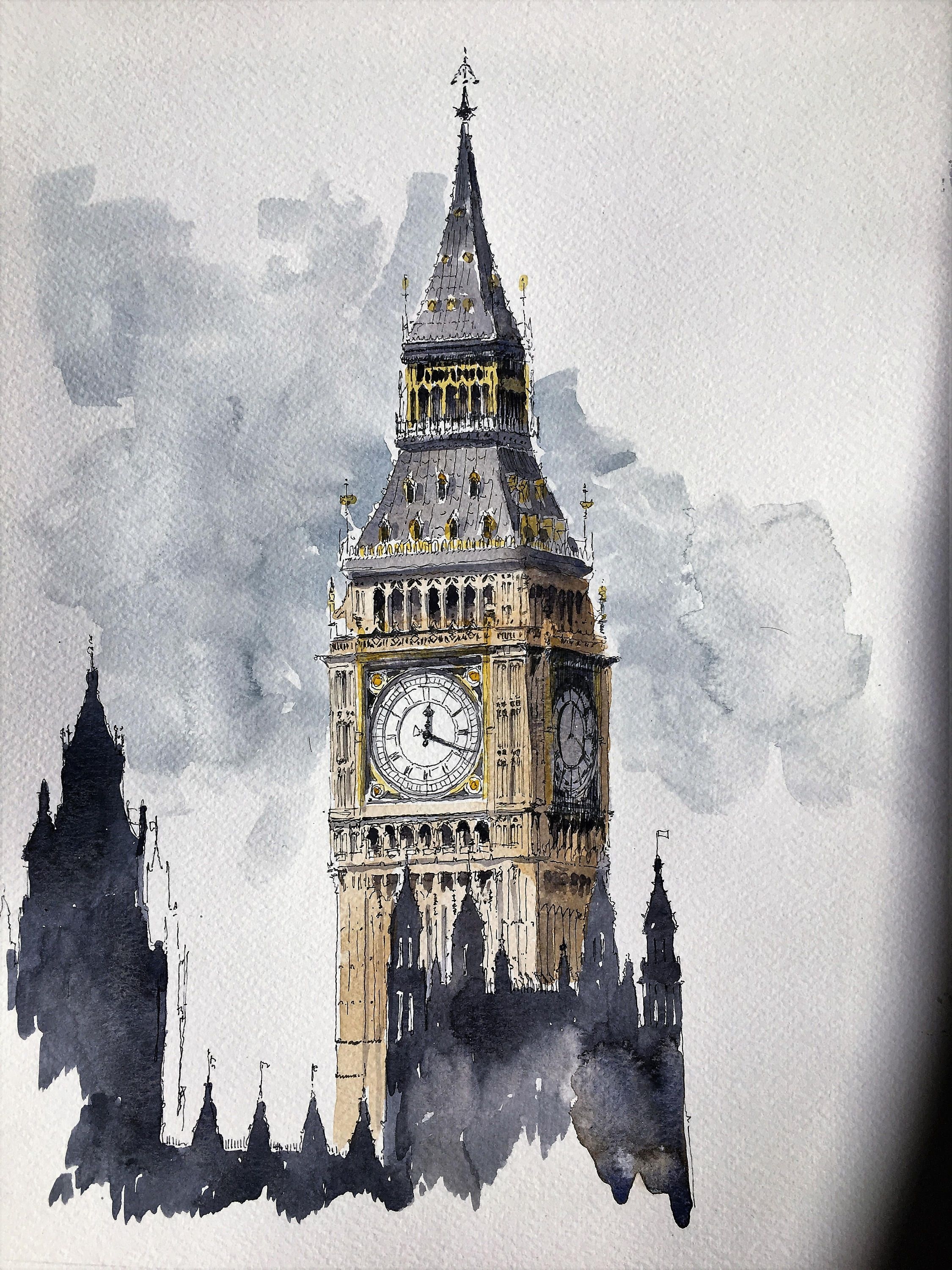 Big ben art. Биг-Бен (башня Елизаветы). Биг Бен в Лондоне. Англия Биг Бен рисунок. Биг-Бен башня акварелью.