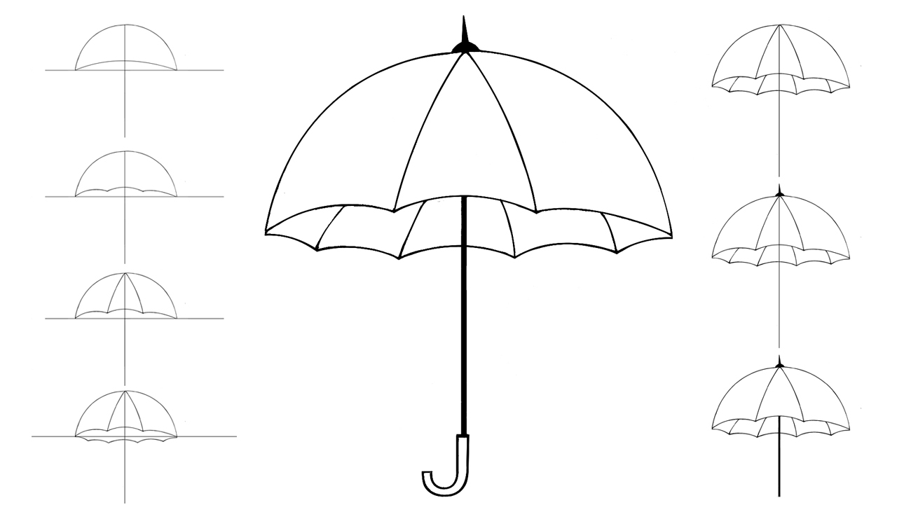 Зонтик карандашом. Зонтик рисунок карандашом. Зонтик поэтапное рисование. Зонтик рисунок для детей раскраска. Рисуем зонтик поэтапно.