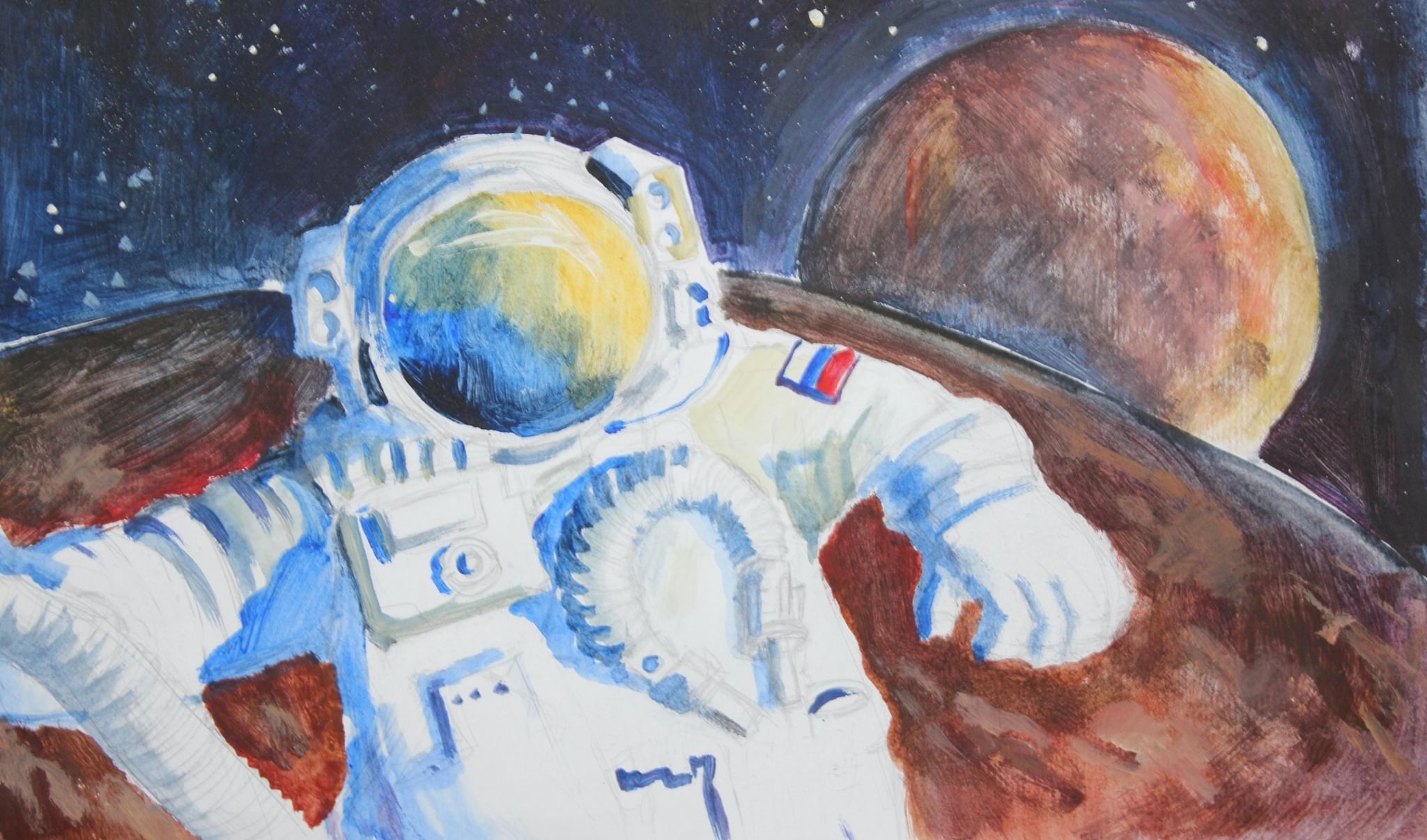 Полетели в комос. Портрет Космонавта Юрия Гагарина акварелью. Рисунок на тему космос. Рисунок на космическую тему.