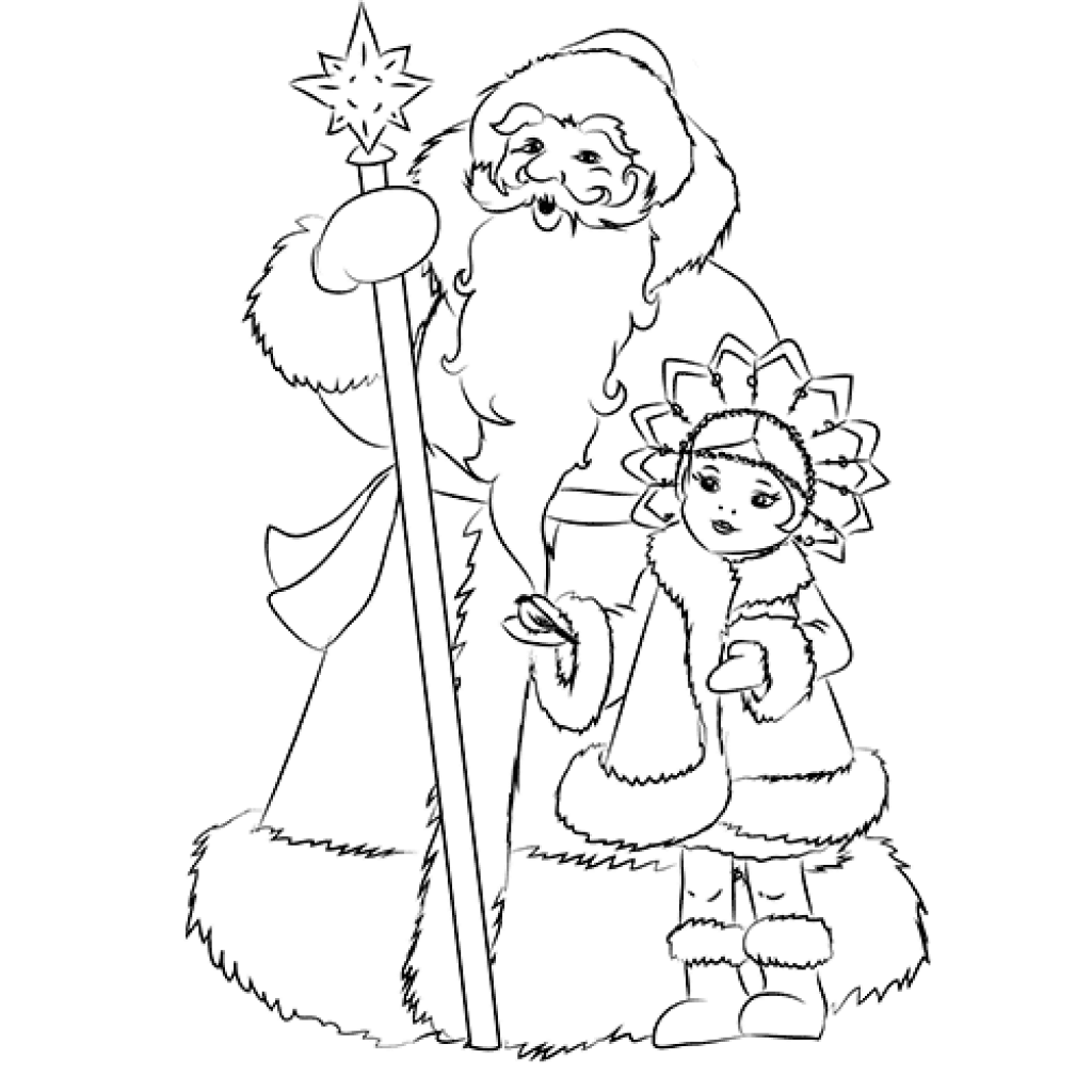 Раскраска Дед Мороз, Снегурочка и снеговик