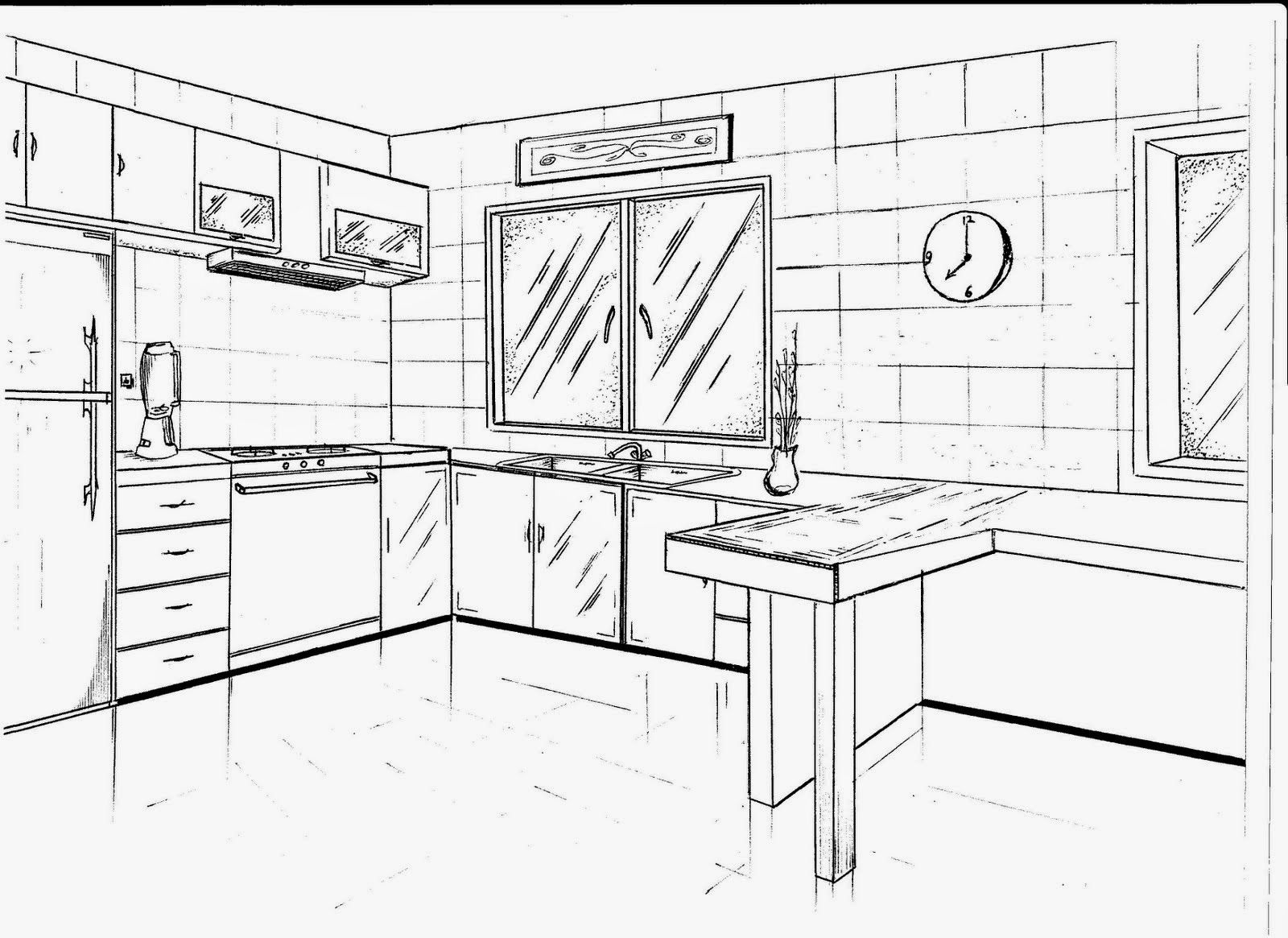 Как нарисовать интерьер кухни — рисуем простым карандашом в двухточечной перспективе