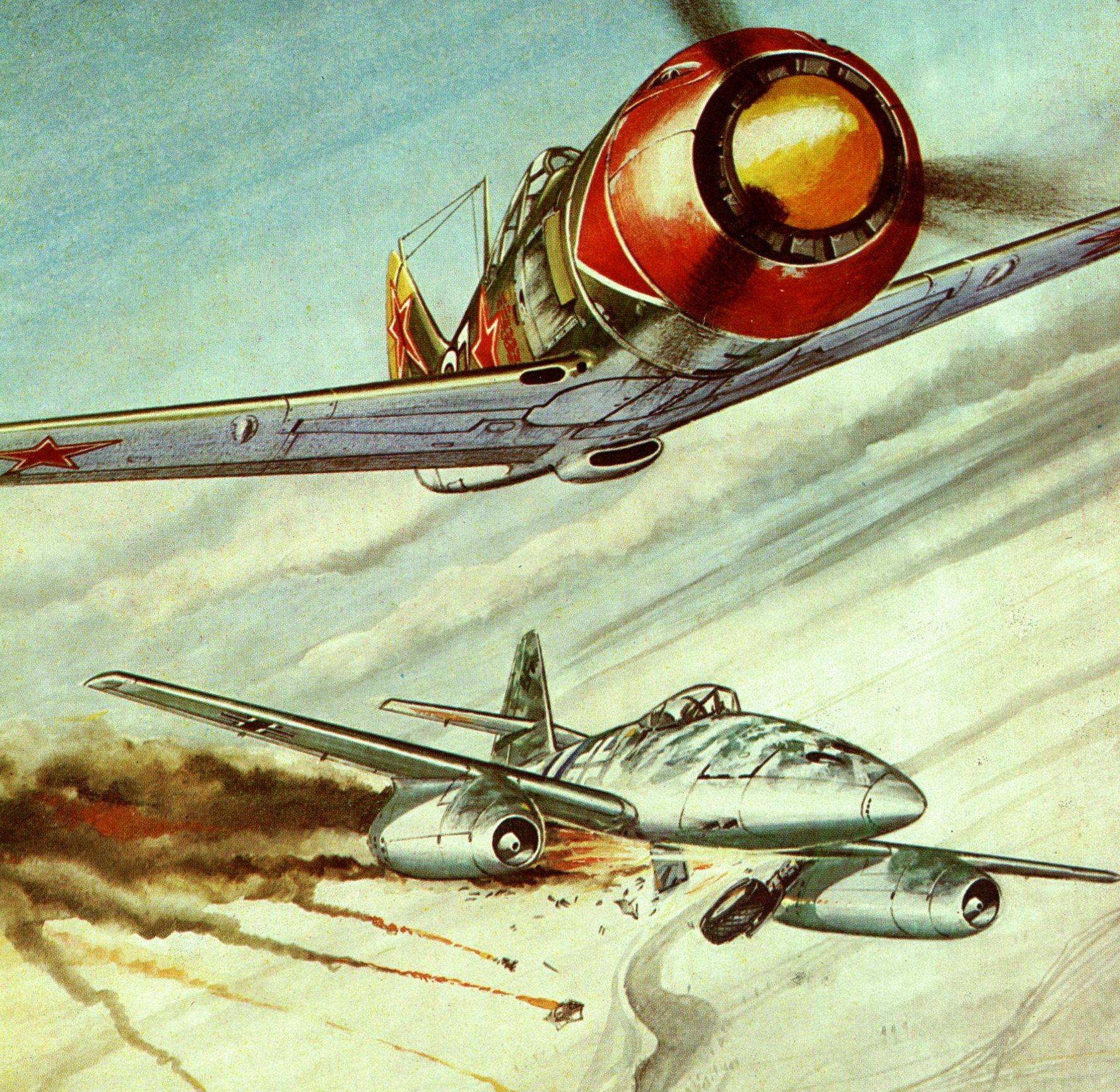 Первые воздушные самолеты. Кожедуб сбивает ме-262. Воздушный бой с ме-262. Кожедуб против ме 262. Самолёты на рисунках художников.