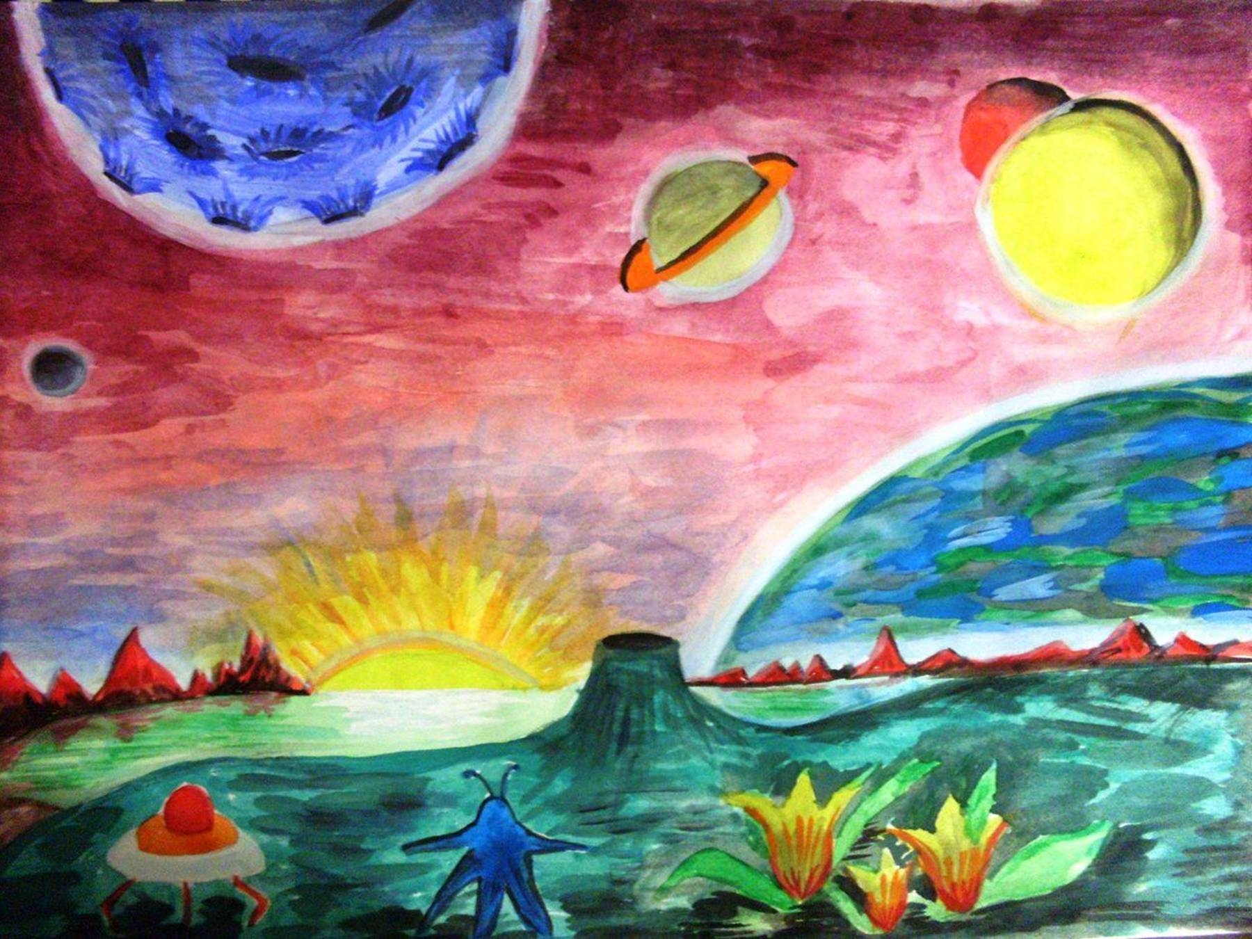 Космический пейзаж 6 класс музыка конспект. Космический пейзаж. Планеты, космические пейзажи для рисования. Фантастические рисунки легкие. Фантастический пейзаж для детей легко.