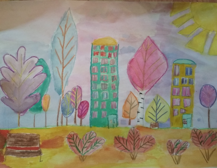 Детский рисунок на тему осенний город