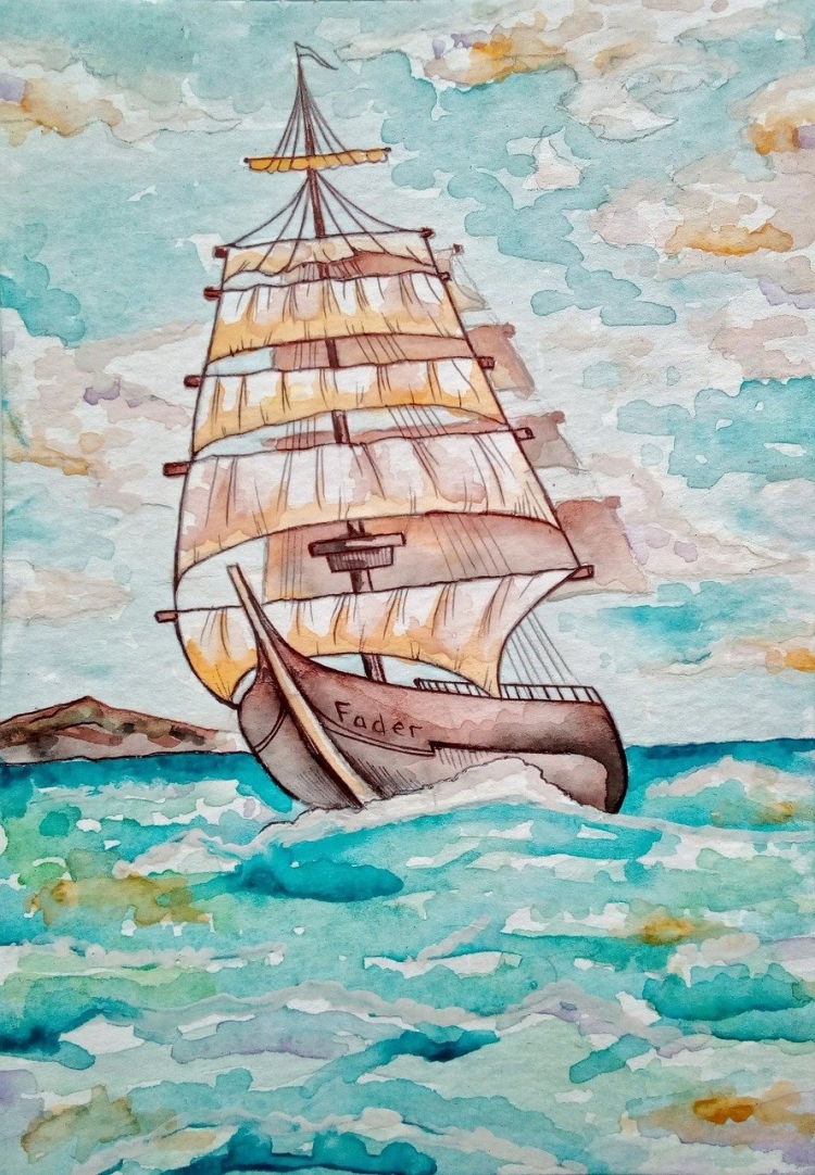 Корабль цветными карандашами