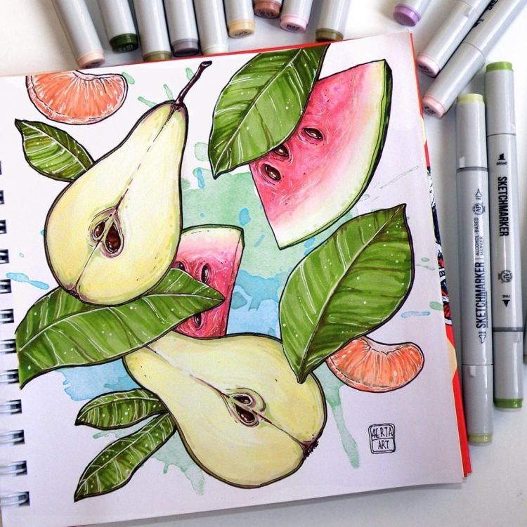 Скетчи маркерами фрукты