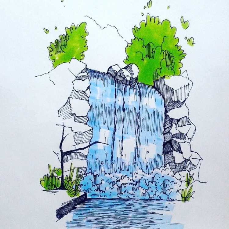 Скетч водопад акварелью