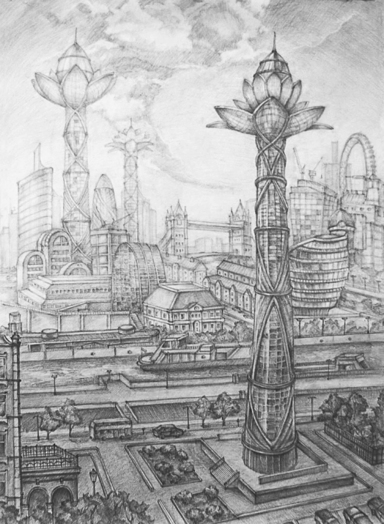 Графическая фантазийная зарисовка города будущего
