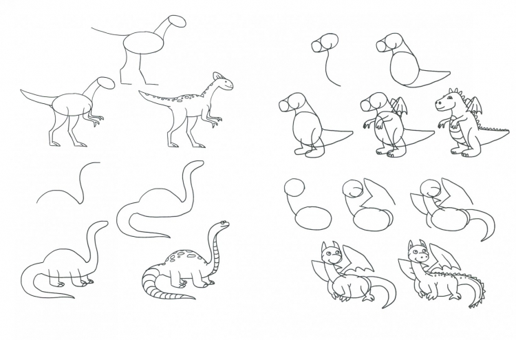 Как нарисовать (рисовать) динозавра - поэтапные рисунки и видеоуроки