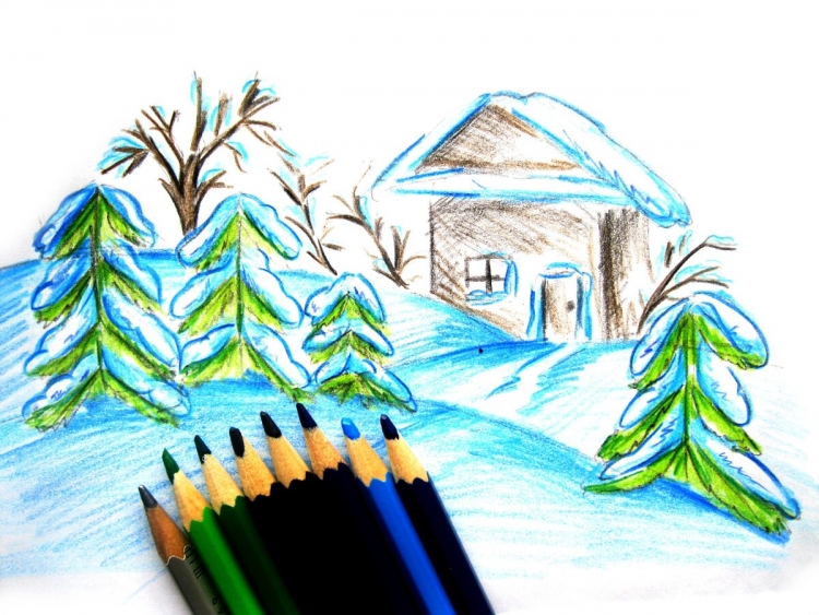 Рисуем зиму карандашом поэтапно