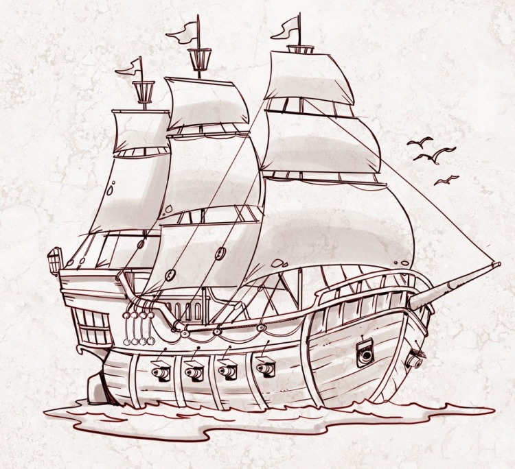Пиратский корабль рисунок карандашом поэтапно