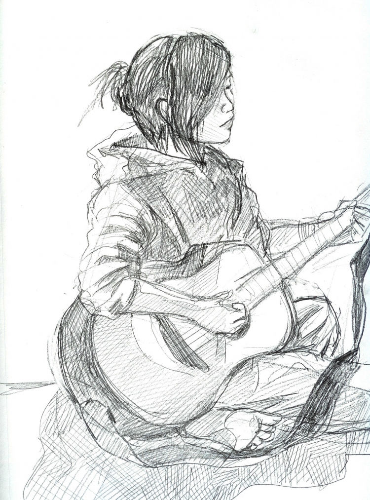 Девочка с гитарой рисунок поэтапно карандашом