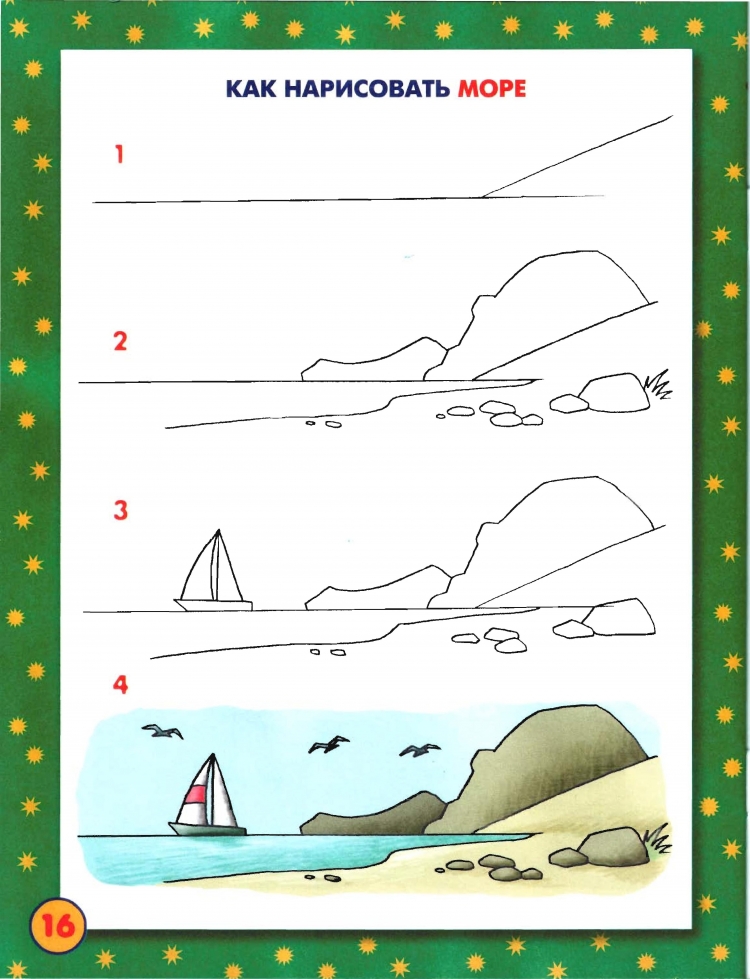 Море рисунок карандашом для детей поэтапно