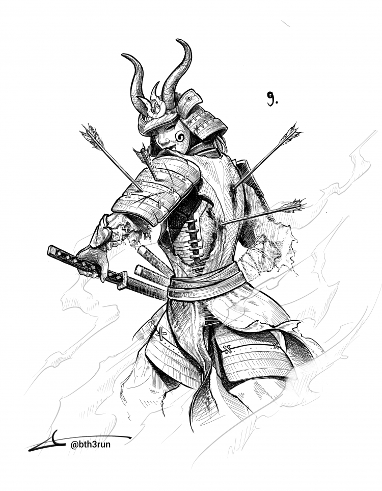 Рука рисовать иллюстрации самурай голова
