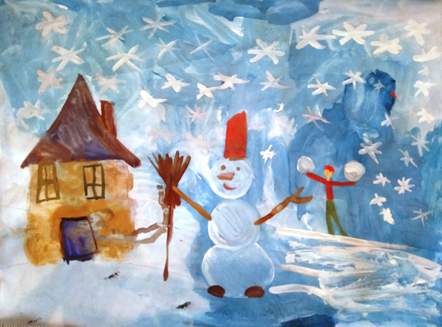 Зимний пейзаж со снеговиком гуашью. Снеговик рисунок для детей красками. Рисование первый снег. Нарисовать снеговика. Рисунок 1 снега