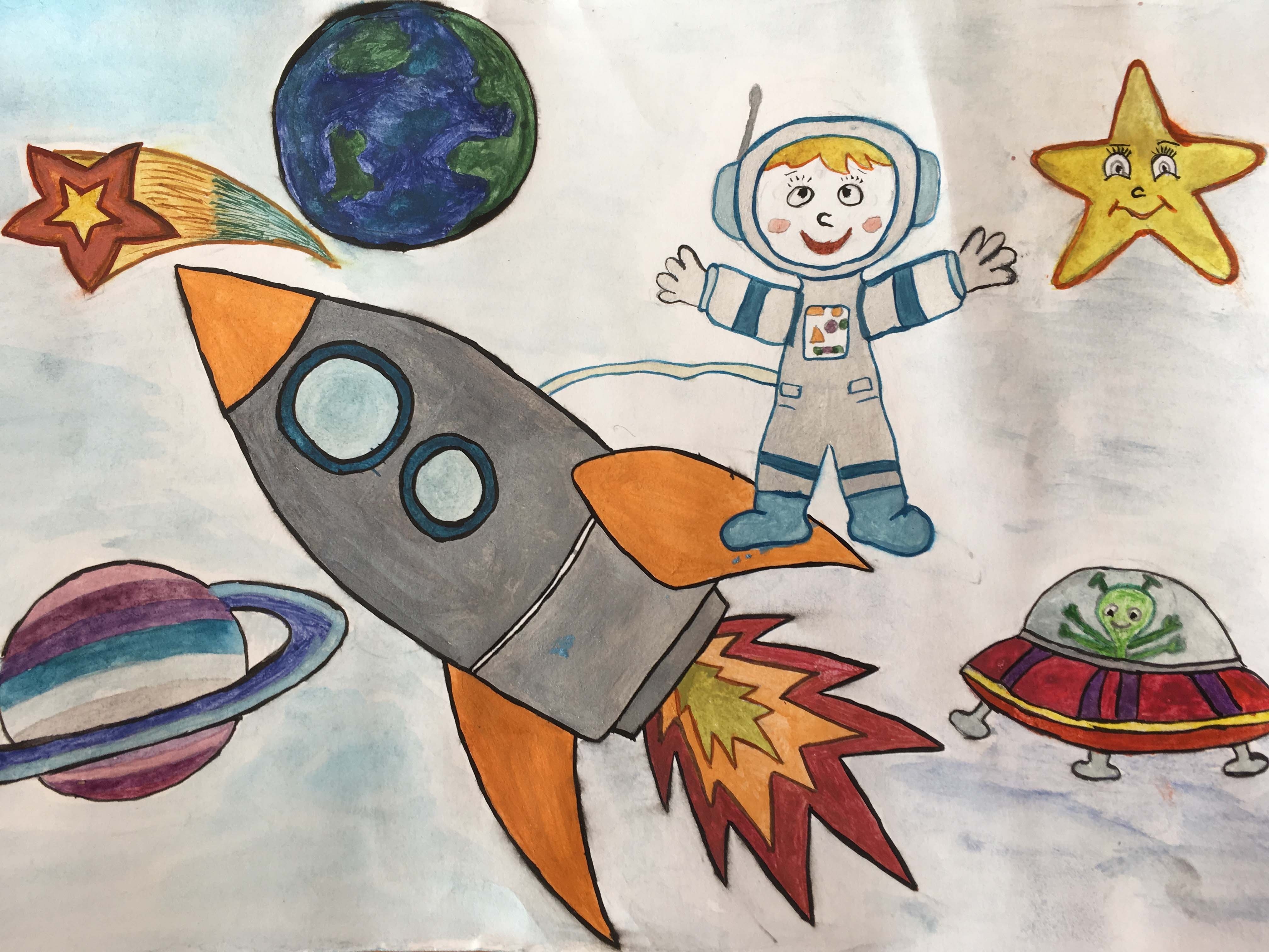 3 4 лет про космос. Детские рисунки на тему космос. Рисунок ко Дню космонавтики. Детские рисунки ко Дню космонавтики. Рисование ко Дню космонавтики.