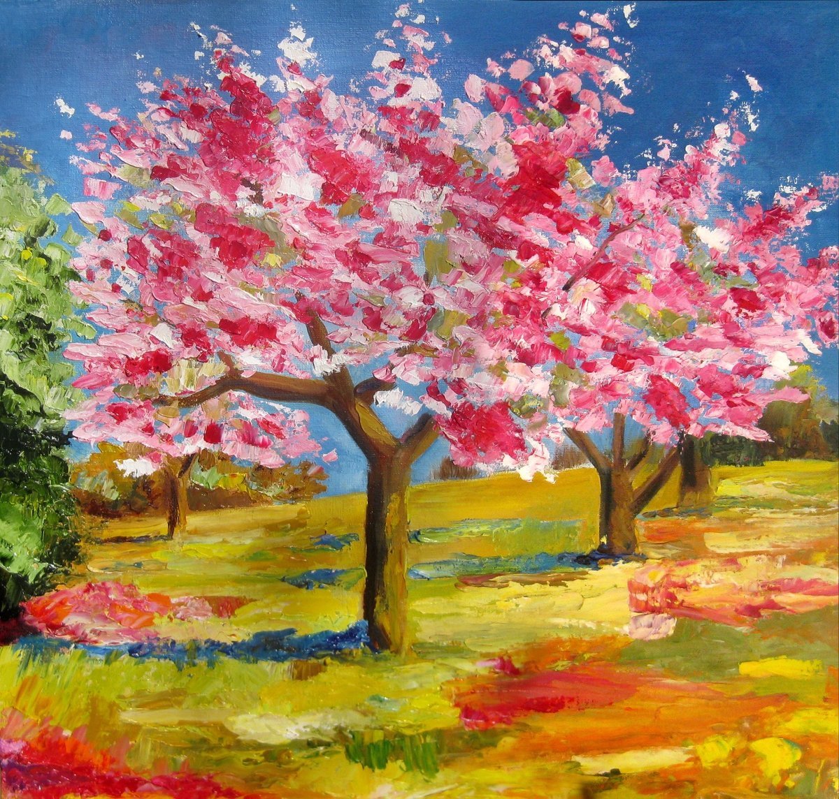 Рисование цветущий сад. Весенний пейзаж. Пейзаж гуашью. Цветущее дерево. Весенние краски.