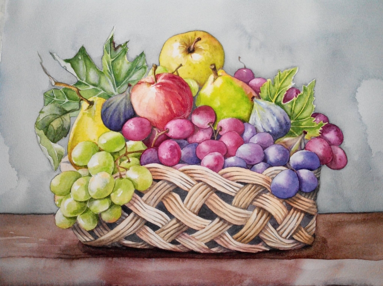 Натюрморт карандашами цветными в корзинке фрукты