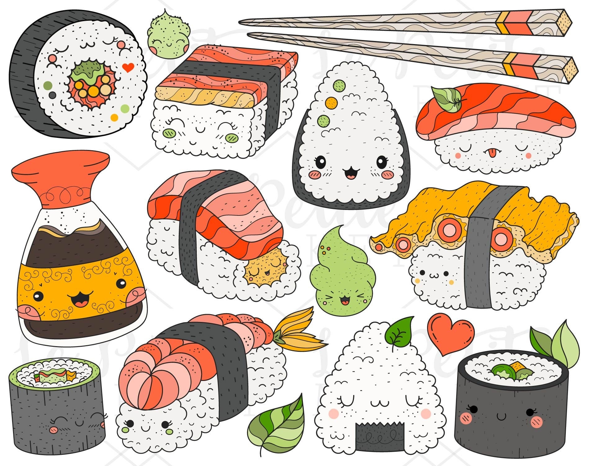Раскраска еда суши, роллы, соевый соус, васаби. японская кухня кавай распечатать