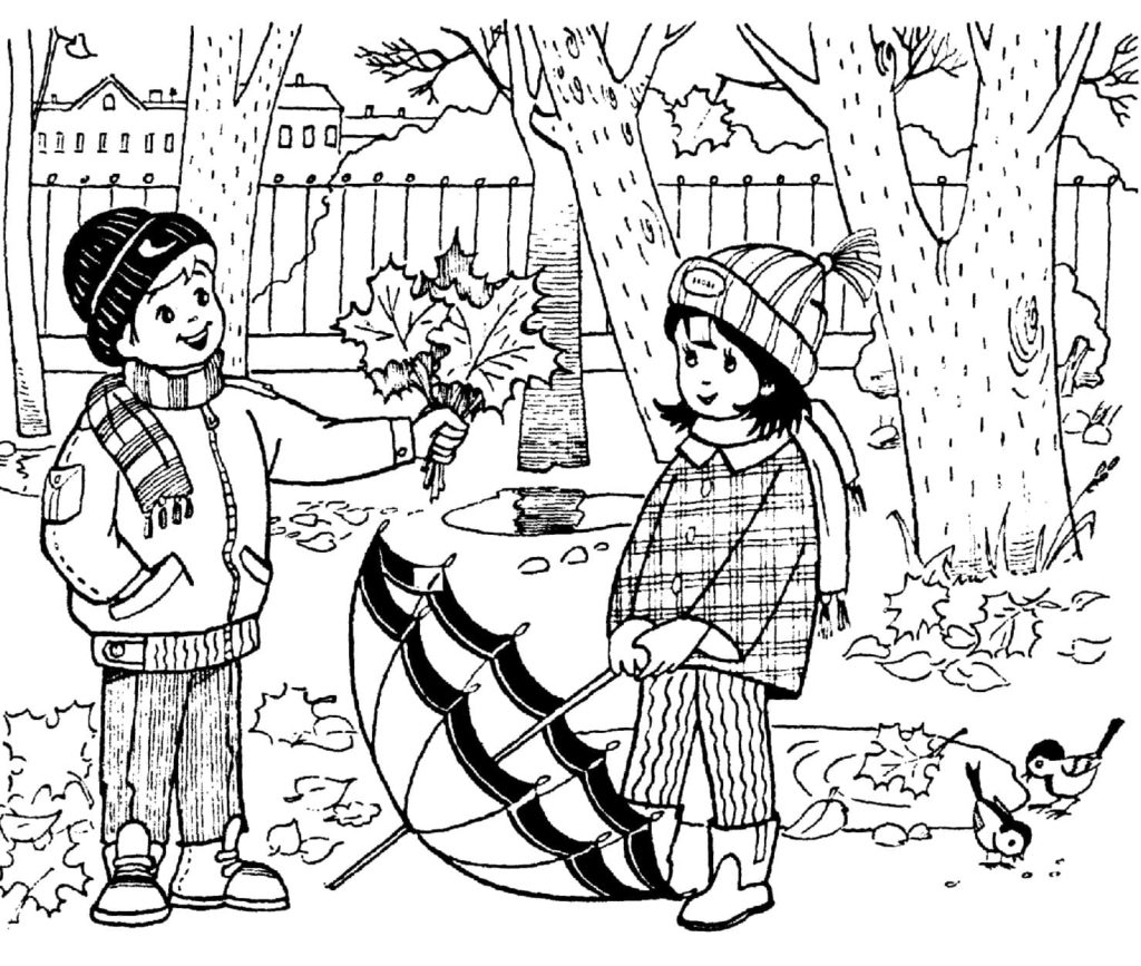 Пейзаж с елкой, девочка с собачкой собака Рисунок раскраска на зимнюю тему