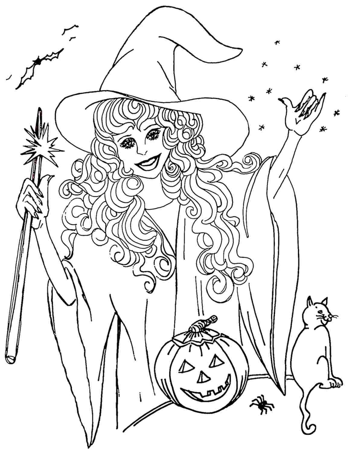 раскраска Хэллоуин ведьмы с кошкой, котел и тыквы