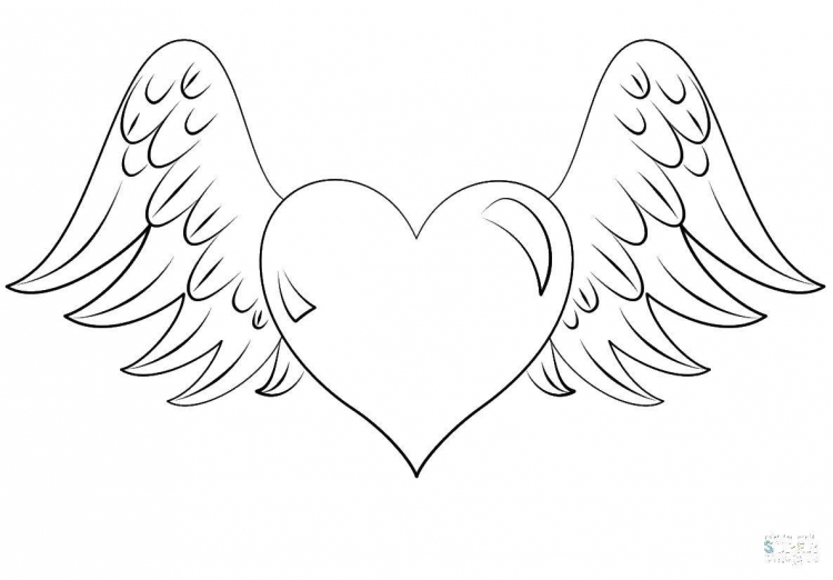 Раскраска сердце с крыльями