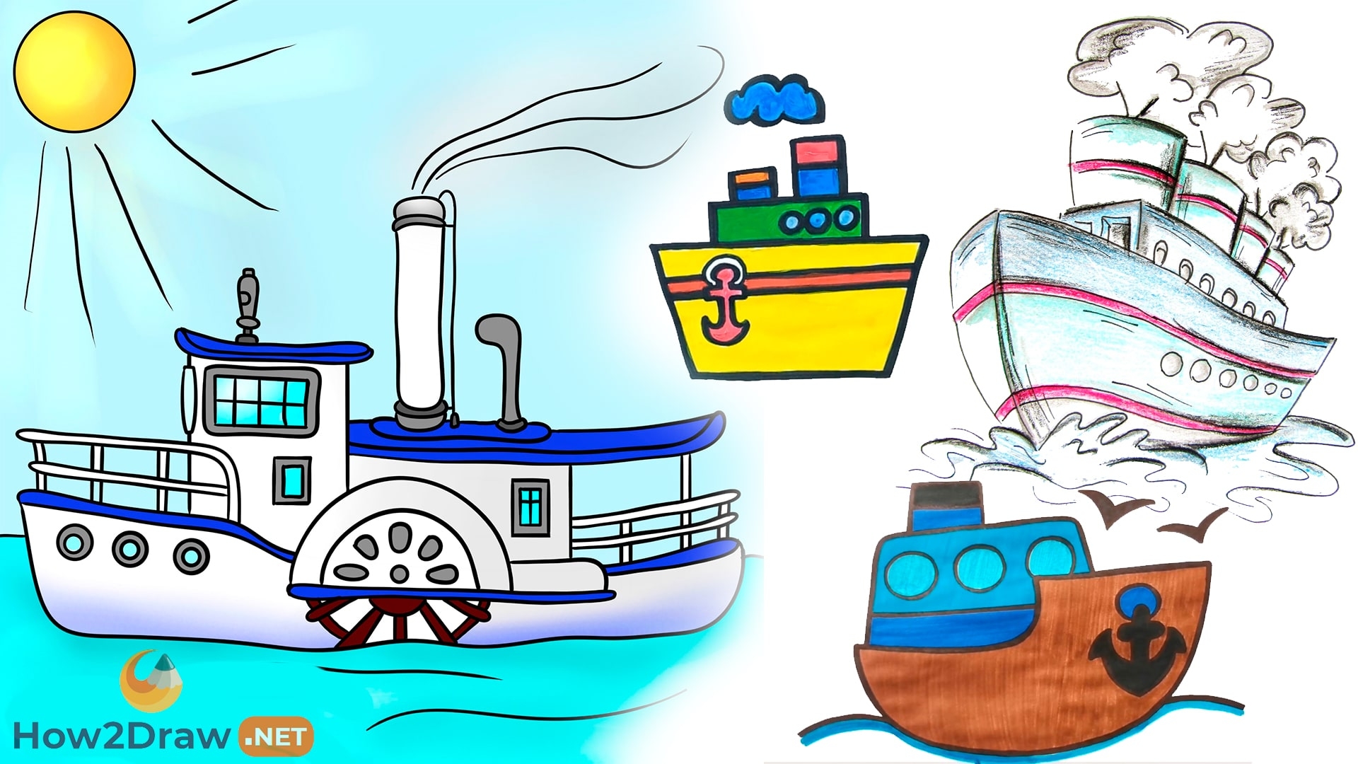 Как нарисовать ПАРОХОД Корабль / Урок рисования для детей от 3 лет