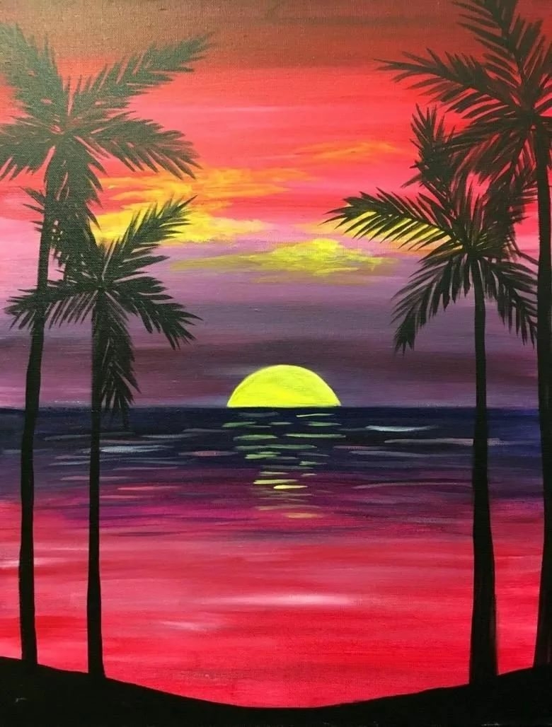 Как нарисовать закат с морем и с пальмами